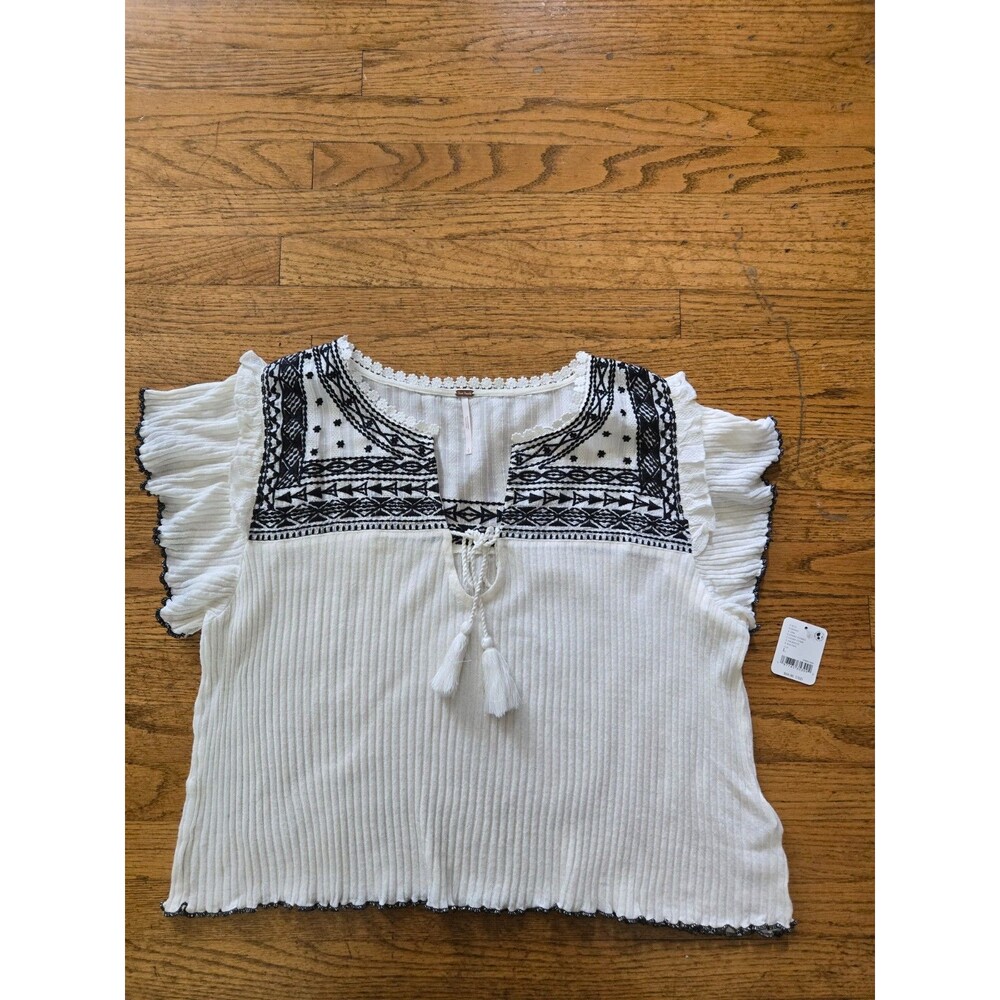 NWT Free People Sarafina Knit Tassel Waist Length Top in Ivory Combo Large